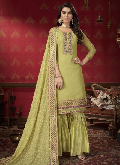Spectacular Faux Georgette Green Embroidered Designer Pakistani Salwar Suit