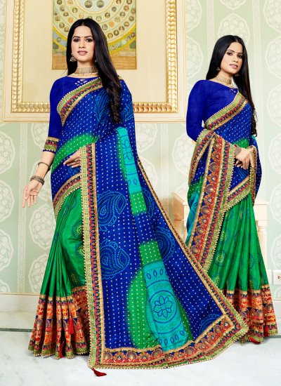 Spectacular Silk Blue and Green Patch Border Bandhani Saree