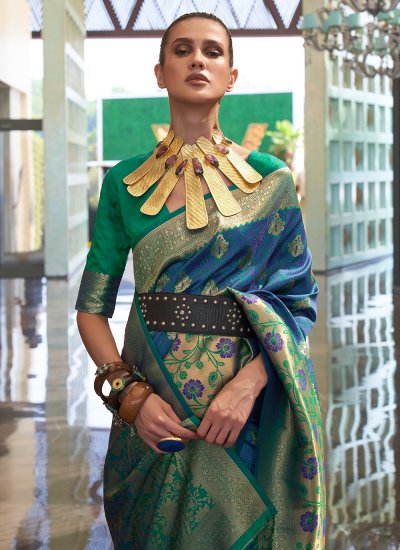 Spellbinding Blue and Green Weaving Contemporary Saree