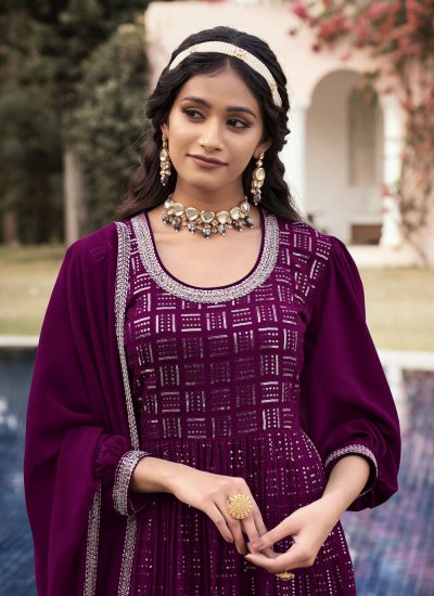 Staggering Embroidered Purple Readymade Salwar Kameez 