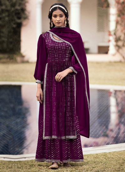 Staggering Embroidered Purple Readymade Salwar Kameez 