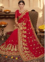 Staggering Embroidered Red Faux Georgette Classic Saree