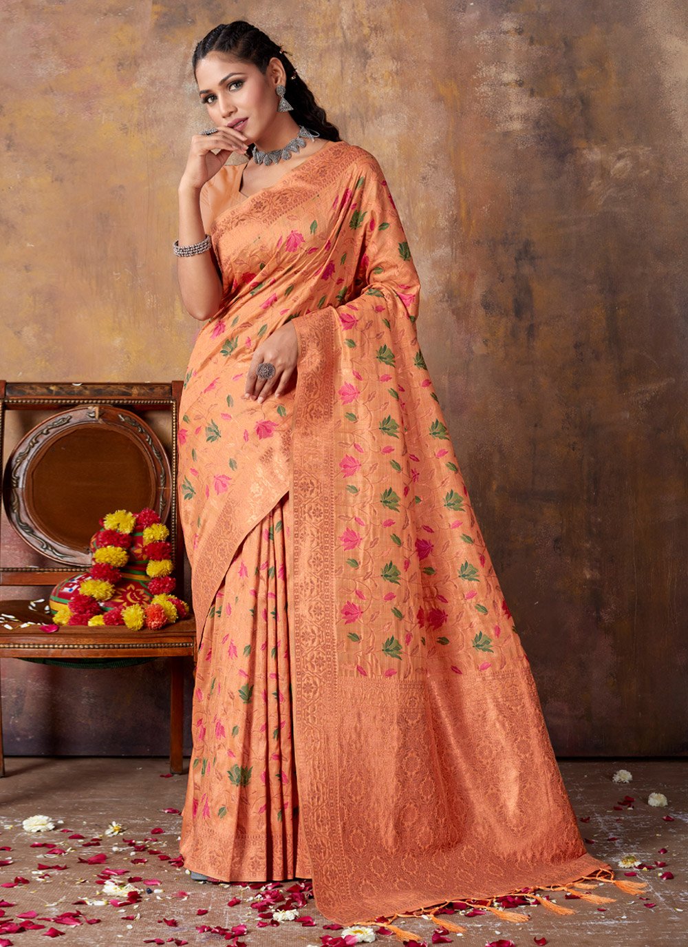 Light Peach Pure Soft Satin Silk Banarasi Handloom Saree - Tilfi