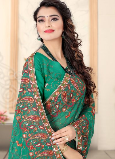 Staring Green Embroidered Georgette Classic Saree