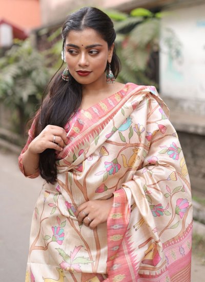 Staring Printed Pink Silk Traditional Saree