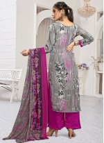 Sterling Grey and Pink Printed Faux Crepe Palazzo Designer Salwar Suit