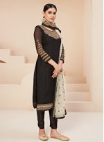 Stone Georgette Trendy Straight Salwar Kameez in Black