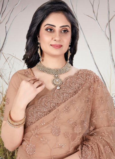 Stone Net Traditional Designer Saree in Brown