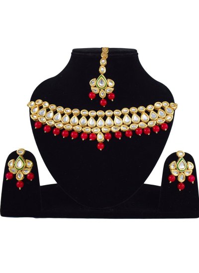 Stone Work Necklace Set in Gold and Red