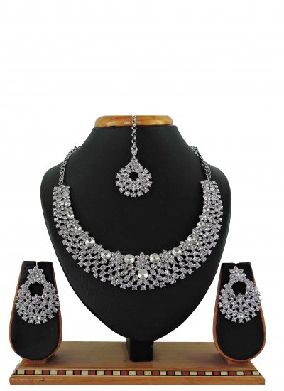 Stone Work Necklace Set in White