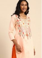 Straight Salwar Kameez Embroidered Cotton in Peach