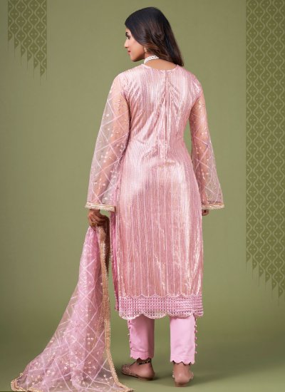 Straight Salwar Kameez Zari Net in Rose Pink