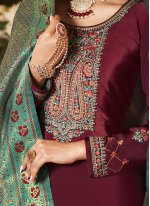 Straight Salwar Suit Jacquard Work Crepe Silk in Maroon