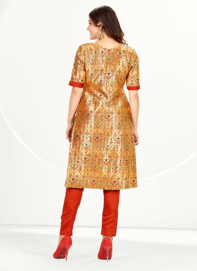Straight Salwar Suit Woven Banarasi Silk in Gold
