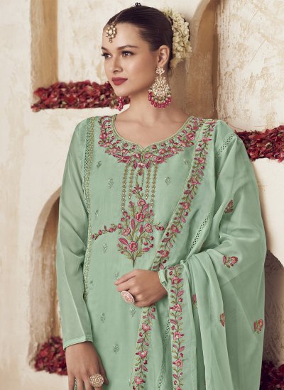 Straight Suit Embroidered Organza in Green