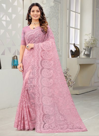 Strange Net Pink Embroidered Designer Saree