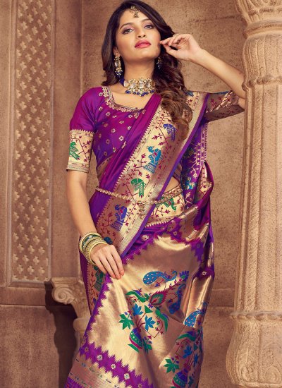Strange Weaving Purple Silk Trendy Saree