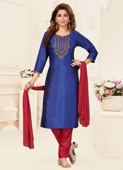 Striking Chanderi Resham Blue Trendy Salwar Suit