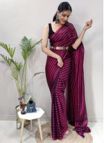 Stripe Print Rangoli Contemporary Saree in Black and Hot Pink