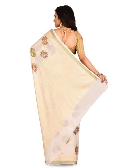 Stunning Cream Weaving Banarasi Silk Contemporary Saree