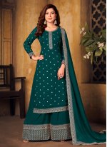 Stunning Embroidered Faux Georgette Green Designer Palazzo Suit
