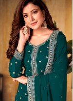 Stunning Embroidered Faux Georgette Green Designer Palazzo Suit