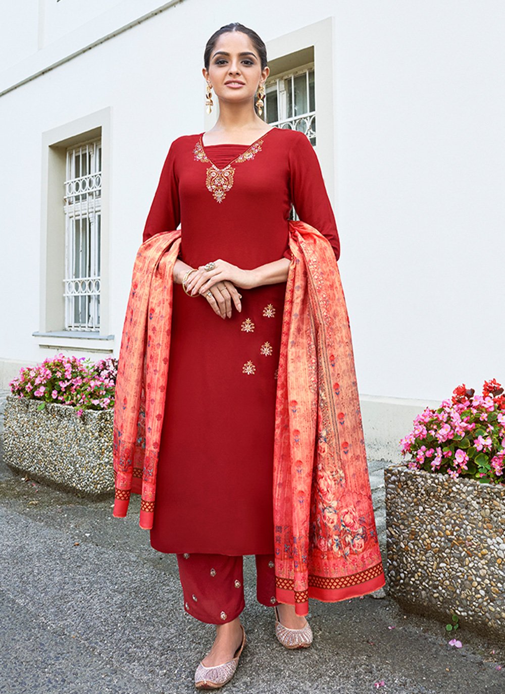 Georgette Fabric Red Color Party Wear Readymade Salwar Suit With Imposing  Sequins Work