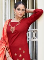 Stunning Embroidered Rayon Red Readymade Salwar Suit