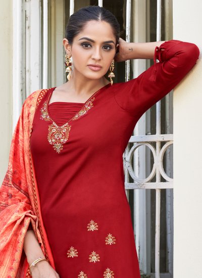 Stunning Embroidered Rayon Red Readymade Salwar Suit
