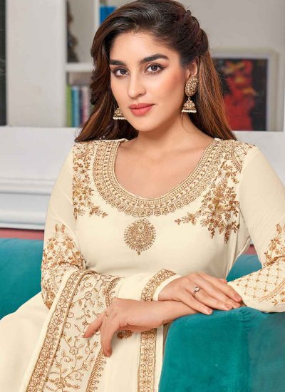 Stunning Off White Embroidered Faux Georgette Churidar Designer Suit