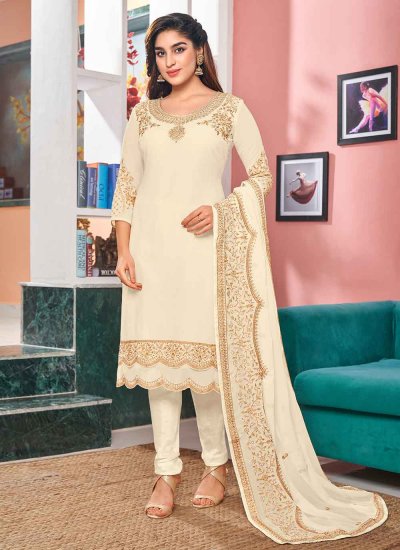 Stunning Off White Embroidered Faux Georgette Churidar Designer Suit