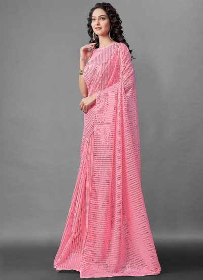 
                            Stunning Pink Faux Georgette Designer Saree