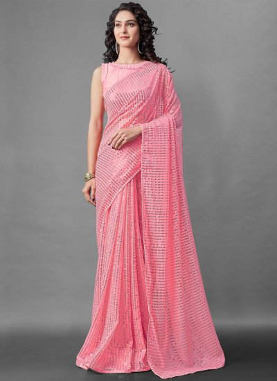 Stunning Pink Faux Georgette Designer Saree