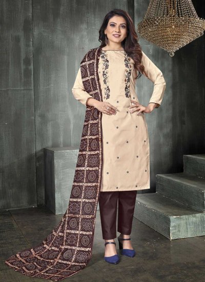 Stunning Silk Peach Printed Trendy Salwar Suit