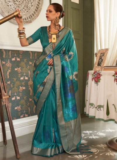 Stunning Turquoise Zari Handloom silk Classic Saree