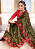 Stupendous Embroidered Green Satin Silk Traditional Saree