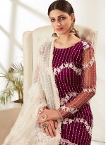 Stupendous Magenta Embroidered Pant Style Suit