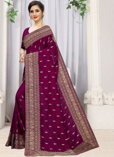 Stupendous Purple Embroidered Silk Saree