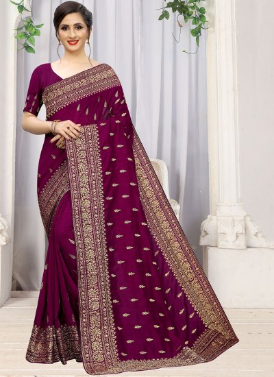 Stupendous Purple Embroidered Silk Saree