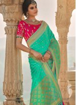 Stupendous Sea Green Embroidered Silk Designer Traditional Saree