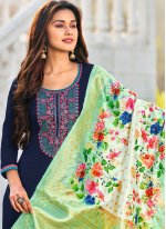 Stylish Cotton Embroidered Blue Straight Suit