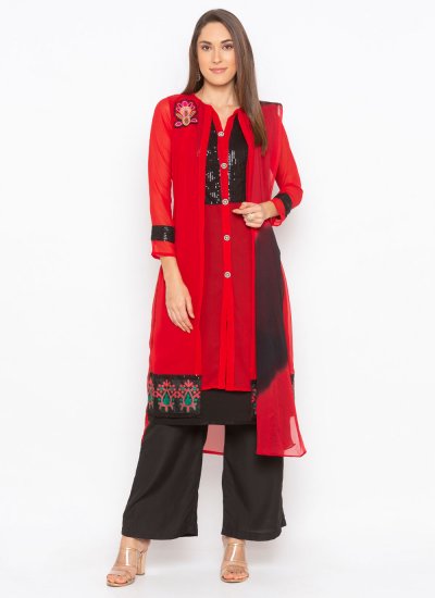 Stylish Georgette Red Sequins Designer Straight Suit
