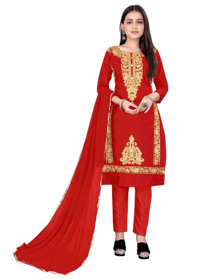 Stylish Red Embroidered Cotton Pant Style Suit