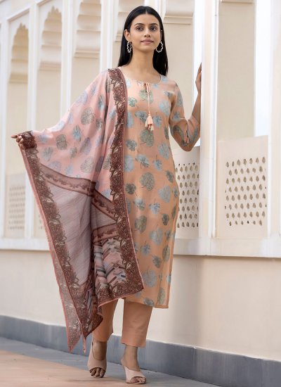 Stylish Sequins Peach Silk Readymade Salwar Suit