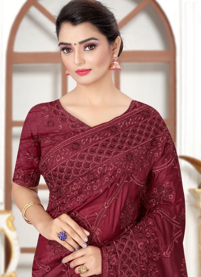 Suave Maroon Embroidered Traditional Saree