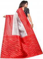 Sumptuous Abstract Print Raw Silk Grey and Red Traditional Saree