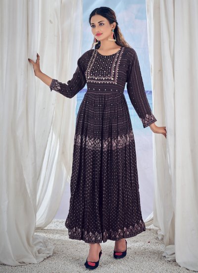Sumptuous Blue Print Viscose Readymade Gown