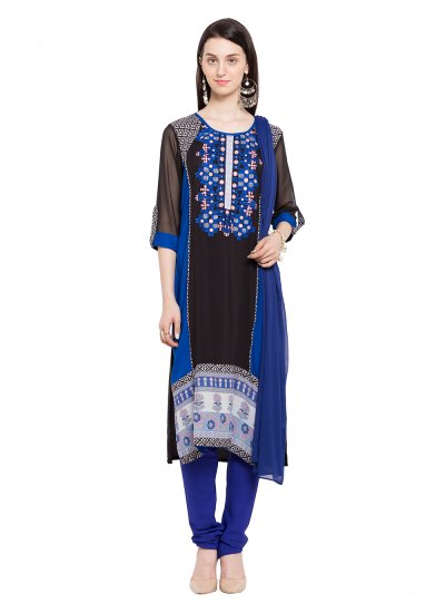 Sumptuous Embroidered Cotton Black and Blue Readymade Churidar Salwar Kameez