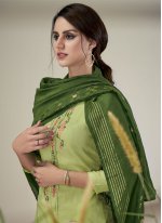 Sumptuous Faux Chiffon Green Embroidered Pant Style Suit