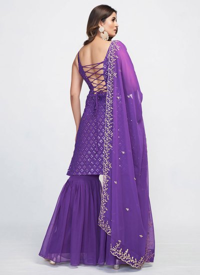 Sumptuous Purple Thread Work Georgette Readymade Salwar Kameez